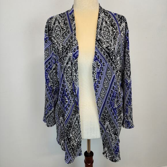 Chicos Travelers Accordian Cardigan Topper Size 3 XL Blue Black Art Nouveau Open - Picture 1 of 11